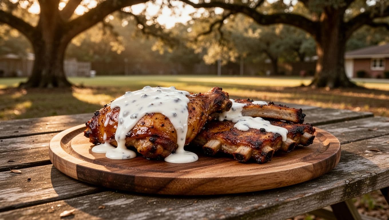 Smoked BBQ chicken slathered in creamy white sauce on a wooden platter with ribs nearby, set on a rustic outdoor picnic table in an Alabama backyard under oak trees. Bold editorial photography with warm golden hour lighting and shallow depth of field focusing on the food.
