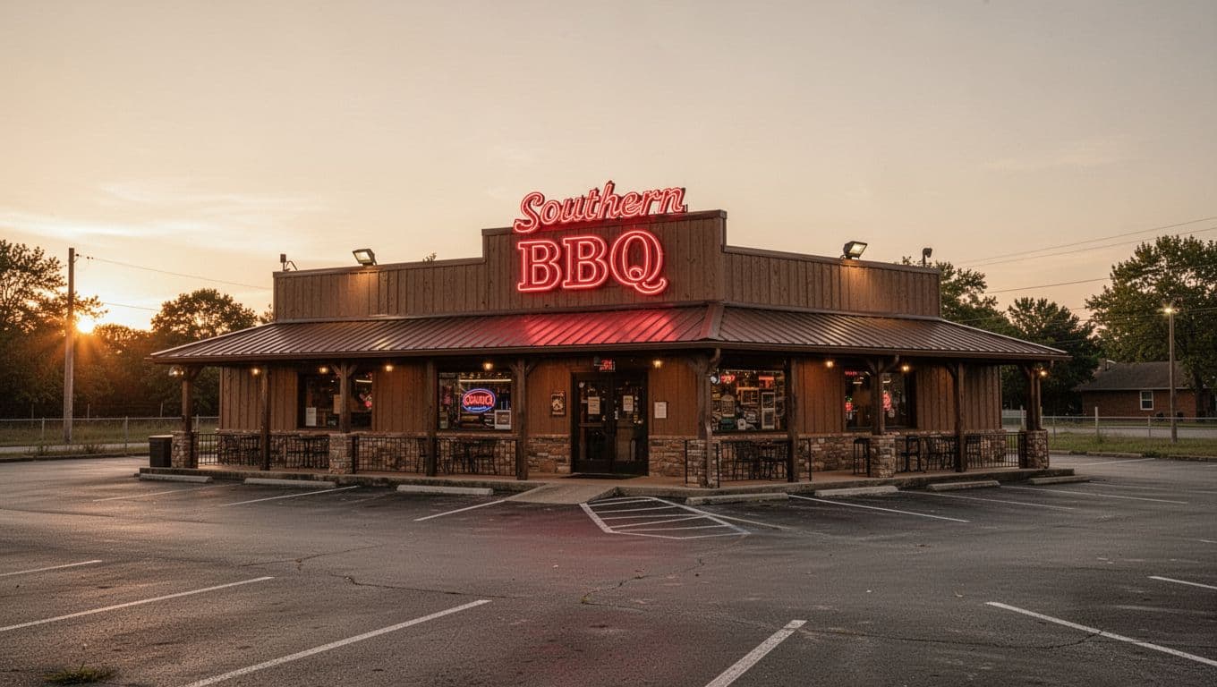 Photorealistic wide-angle view of a classic Southern BBQ restaurant exterior at dusk, featuring the bold 'Alabaster Eats' headline on a green band, neon sign glow, and empty parking lot under warm golden hour lighting.