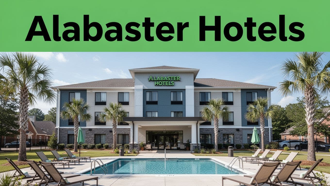 Modern two-story hotel exterior in suburban Alabama with outdoor pool, lounge chairs, palm trees, and green lawns under bright daylight, branded with bold 'Alabaster Hotels' headline in green top band.