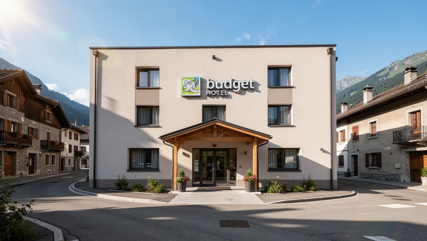 Modern budget hotel exterior in Albertville, Alabama, on a sunny small town street with clear blue sky, featuring bold 'Nearby Value' headline in green band at top.