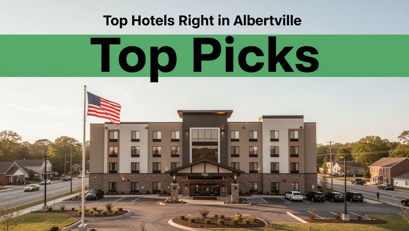 Modern hotel exterior in quiet Albertville, Alabama, near highway with parked cars, American flag waving in sunny afternoon light, centered on entrance with bold 'Top Picks' green headline band.