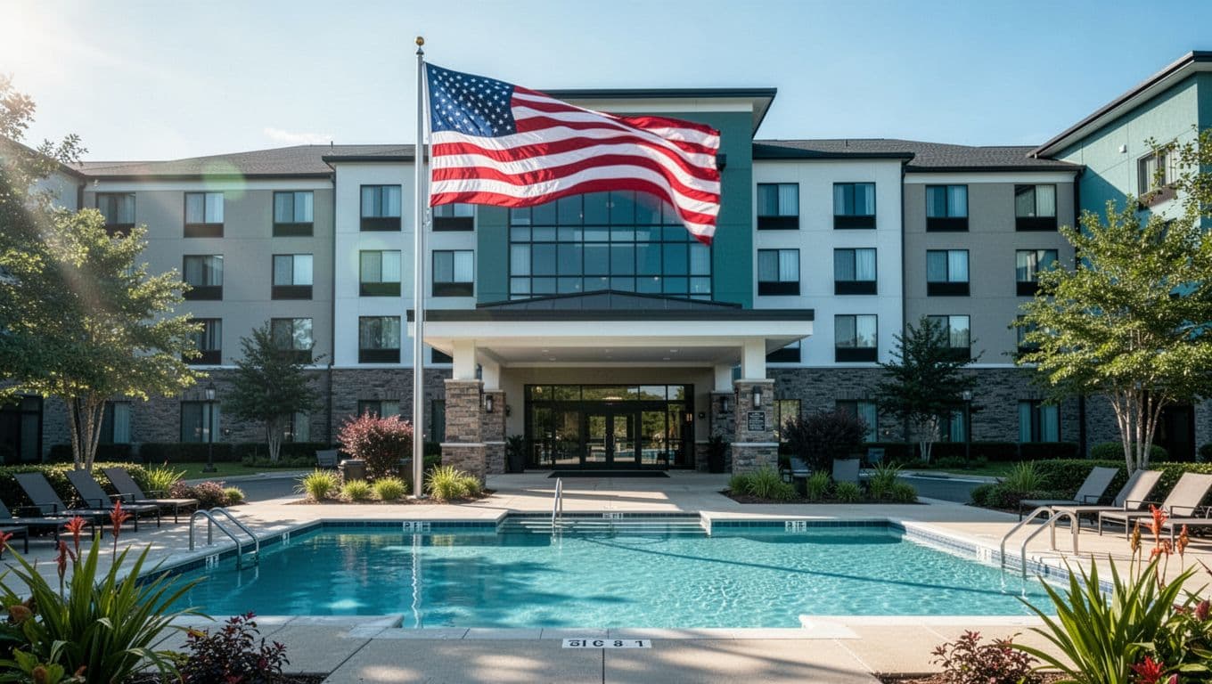 Hampton Inn exterior in Albertville with foreground pool on sunny morning, waving American flag, green top banner reading Albertville Hotels.