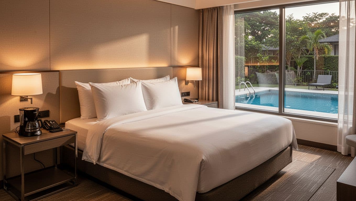Cozy modern hotel room interior in Alexander City hotel with queen bed, clean linens, side table featuring coffee maker and lamp, window showing outdoor pool, branded with bold 'Key Amenities' headline and green band.