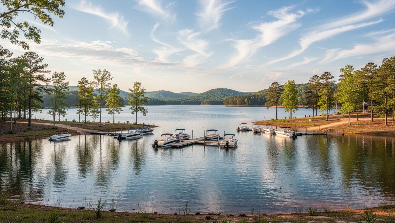 Serene view of Lake Martin shoreline near Alexander City featuring calm blue waters, docked boats, small pier, lush green trees, and rolling hills on a sunny day with soft clouds, highlighted by a bold 'Lake Martin' headline on a green band.