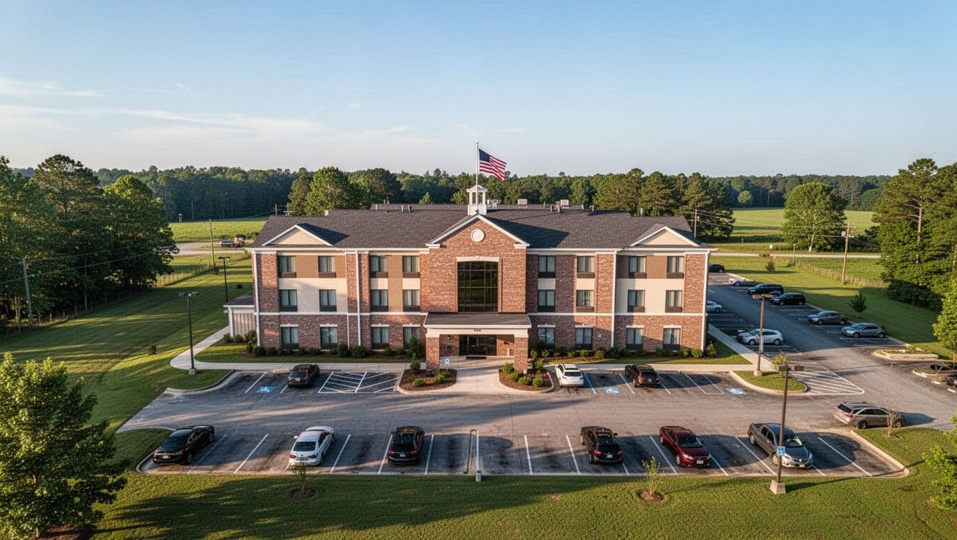 Aerial view of a modern two-story cozy hotel exterior in rural Alexandria, Alabama, with green lawns, parking lot, welcome sign, and American flag under blue sky. Branded with bold 'Top Picks' headline on emerald green band.