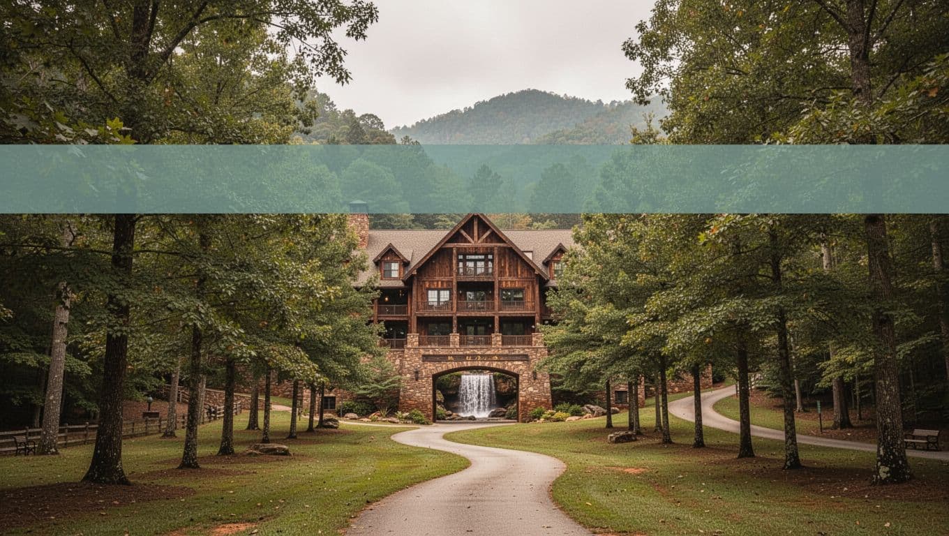 Exterior of Amicalola Falls State Park Lodge in green North Georgia mountains, showing park entrance with trees and path to falls in centered composition with bold editorial green header band featuring 'Park Lodge' headline.