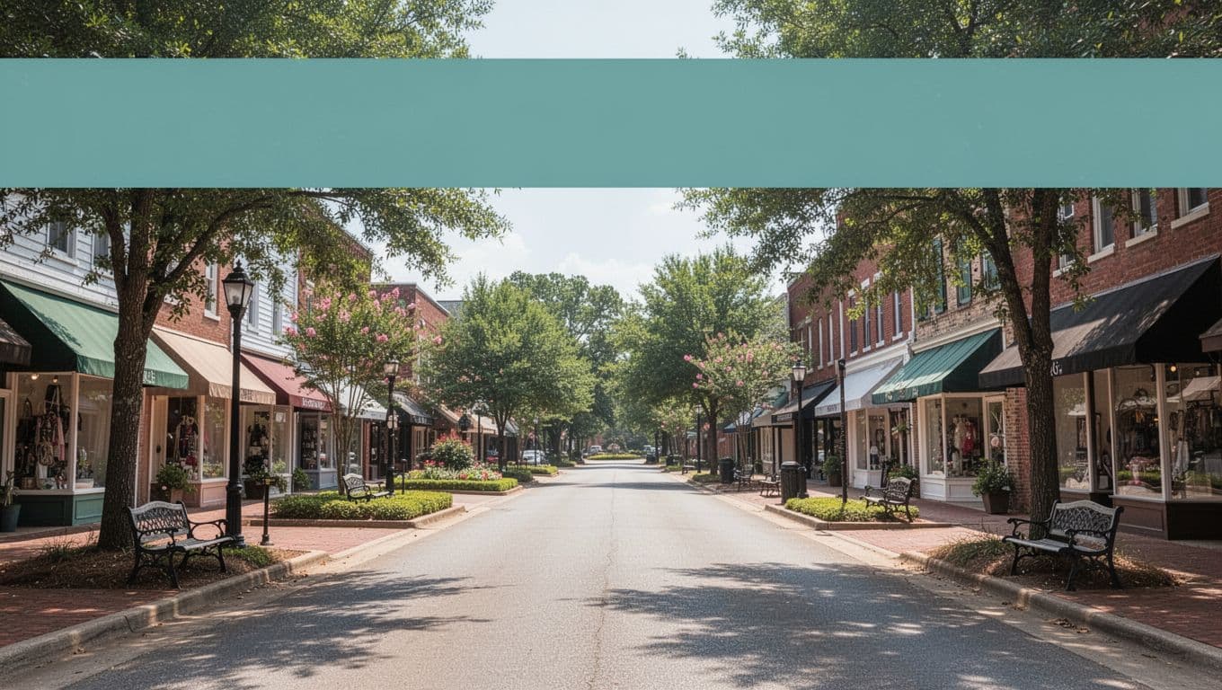 Charming downtown Andalusia Alabama street scene with quaint shops, park, trees, and benches on a sunny day, bright natural lighting, landscape view.