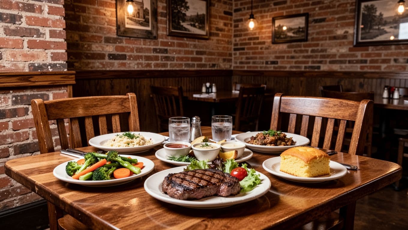 Elegant dining table with Southern American dishes like grilled steak, fresh vegetables, and cornbread in a historic brick-walled restaurant interior in Anniston, Alabama, under warm ambient lighting.