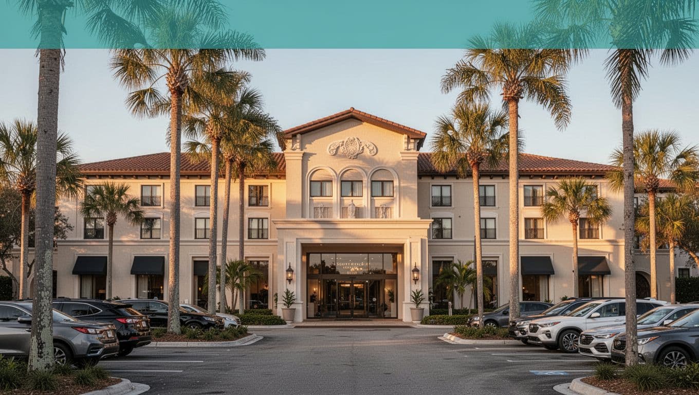 Exterior of an upscale boutique hotel at golden hour with palm trees and parking lot in foreground, Southern architecture, glass entrance doors, and bold 'Anniston Picks' headline in green band at top.