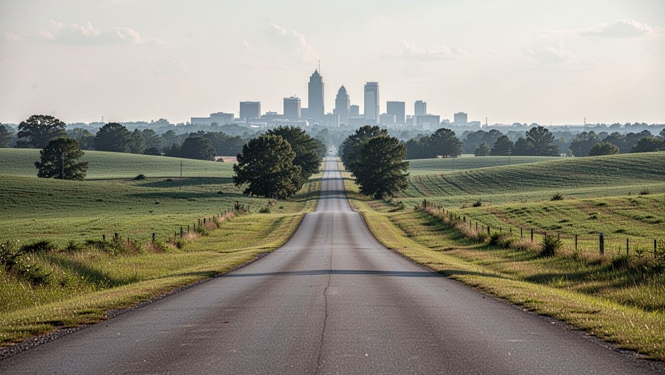 Scenic daytime view of rural Alabama countryside near Argo with I-59 highway sign, curving road, green fields, and faint Birmingham skyline, branded with 'Near Argo Drives' headline on green band.