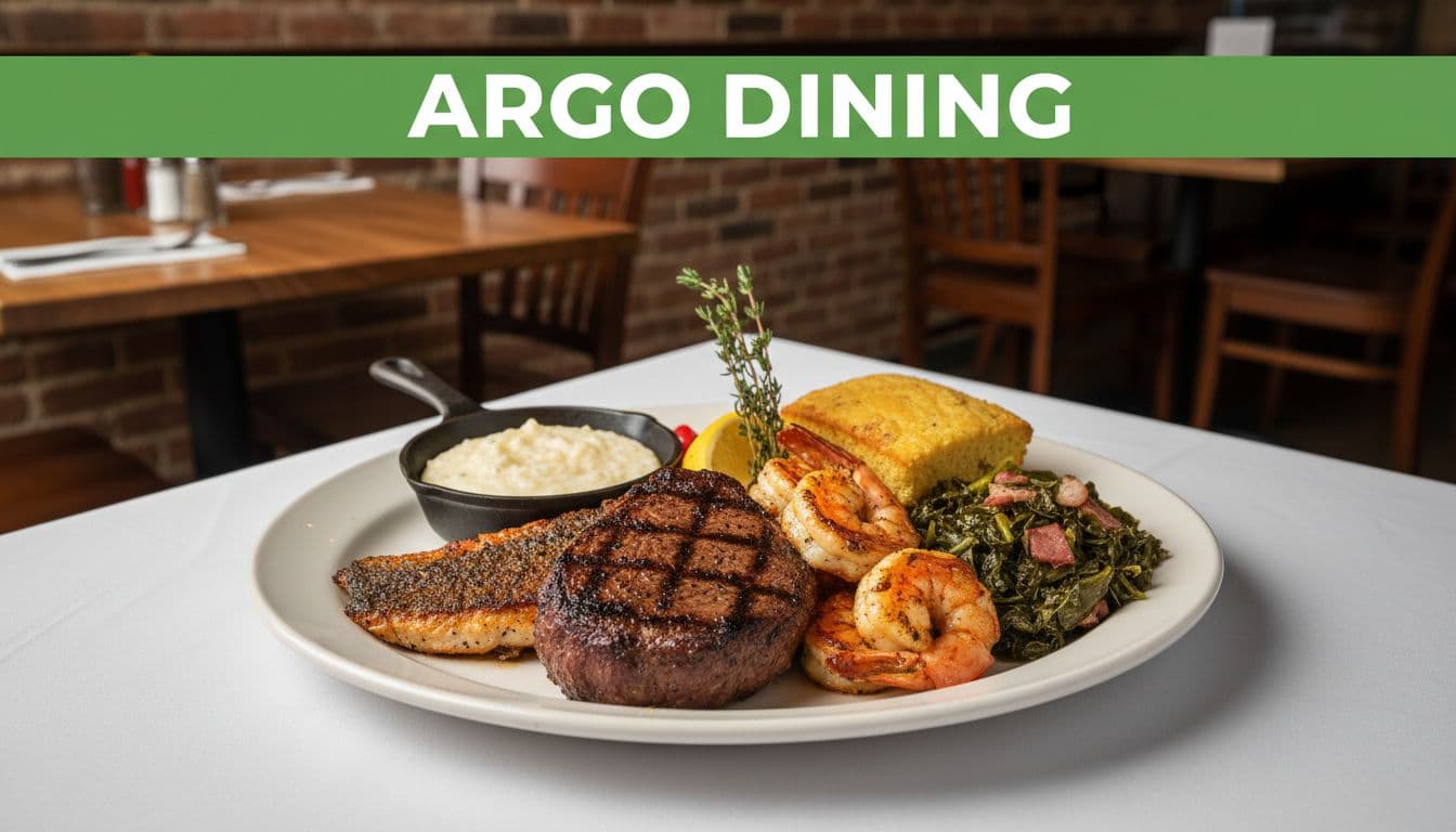 Steak and seafood plate with collards and cornbread on white tablecloth in Alabama diner under green Argo Dining header.