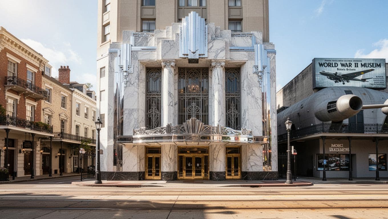 Sunny daytime street view of an Art Deco luxury hotel exterior across from the WWII Museum in New Orleans, featuring streetcar tracks and historic buildings, with a bold 'Luxury Stays' headline in green geometric sans-serif.