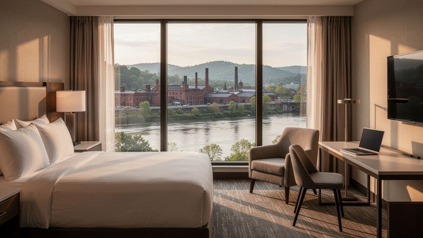 Modern cozy hotel room in Asheville near River Arts District with large window overlooking French Broad River and warehouses, featuring bed, desk with closed laptop, armchair in soft morning light and bold 'Stay Comfortably' headline.