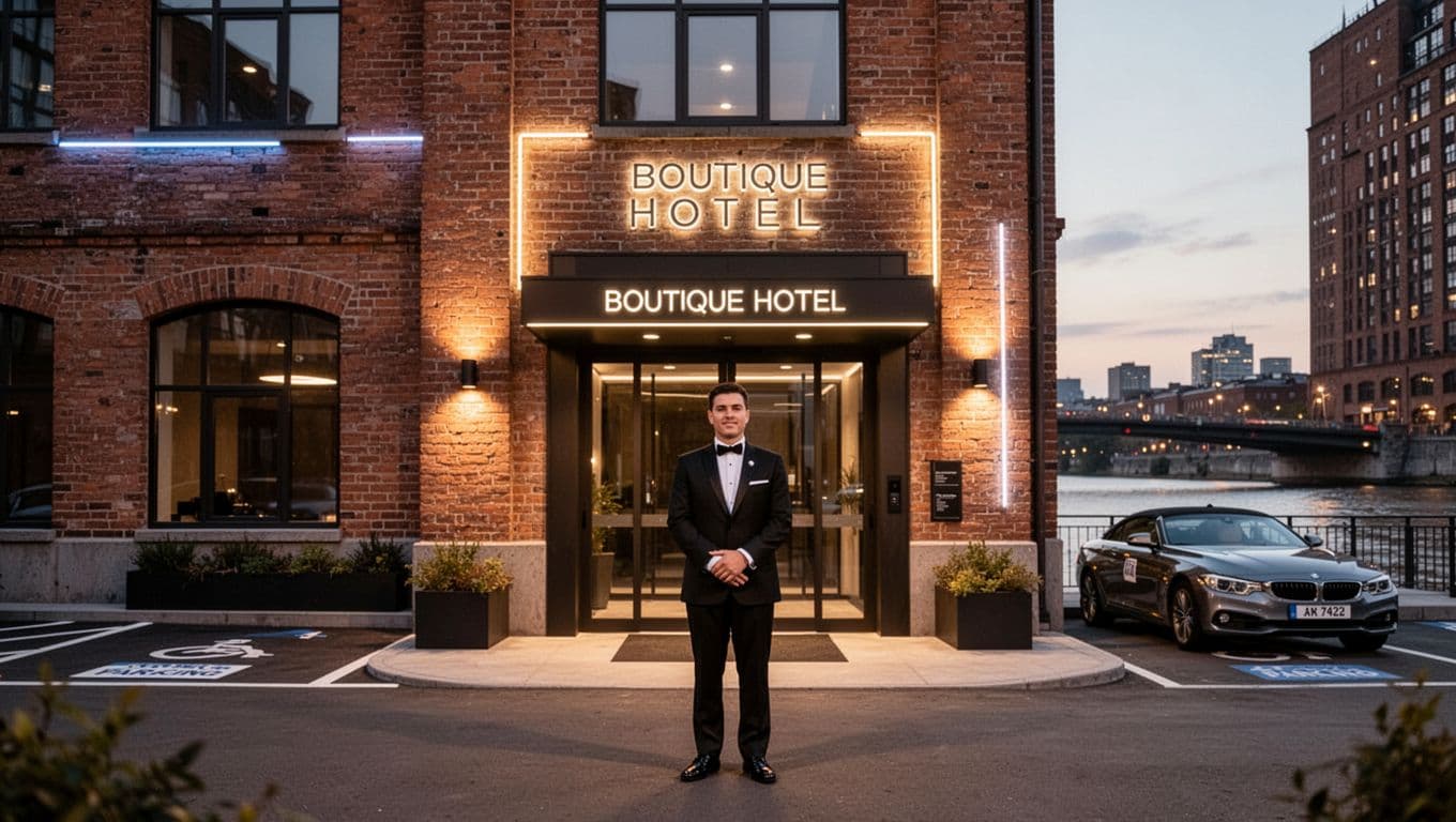 Exterior of a modern boutique hotel in riverside urban setting with brick warehouse architecture, neon signs, and warm evening lighting. Centered entrance with valet parking and one relaxed doorman, featuring 'Hotel Picks' headline in bold green band.
