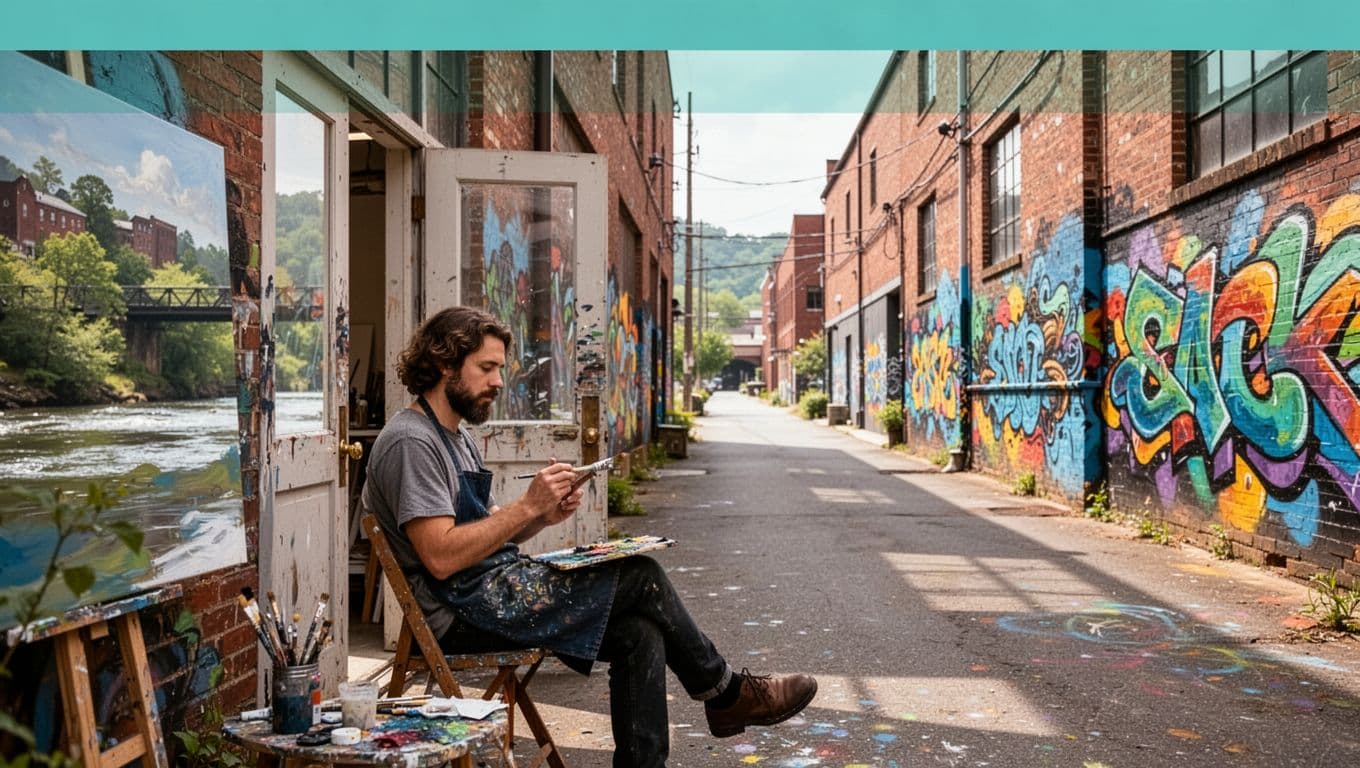 Vibrant warehouses adorned with colorful murals in Asheville's River Arts District along the French Broad River, featuring urban artist studios, a street scene with open doors, and one artist working outside; bold 'River Arts District' headline on green band at top.
