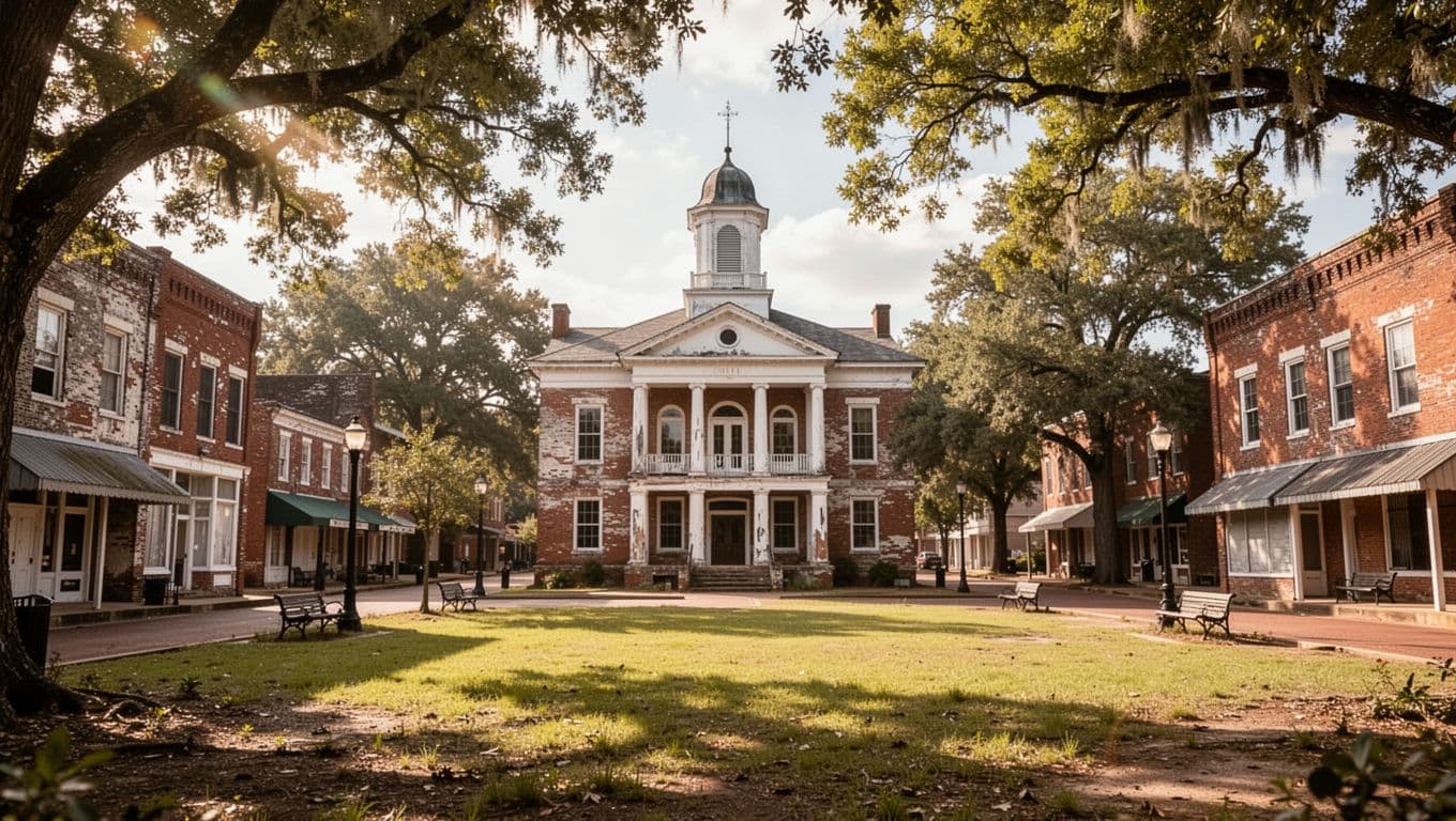 Daytime historic courthouse square in Ashville Alabama with old buildings trees and park area.