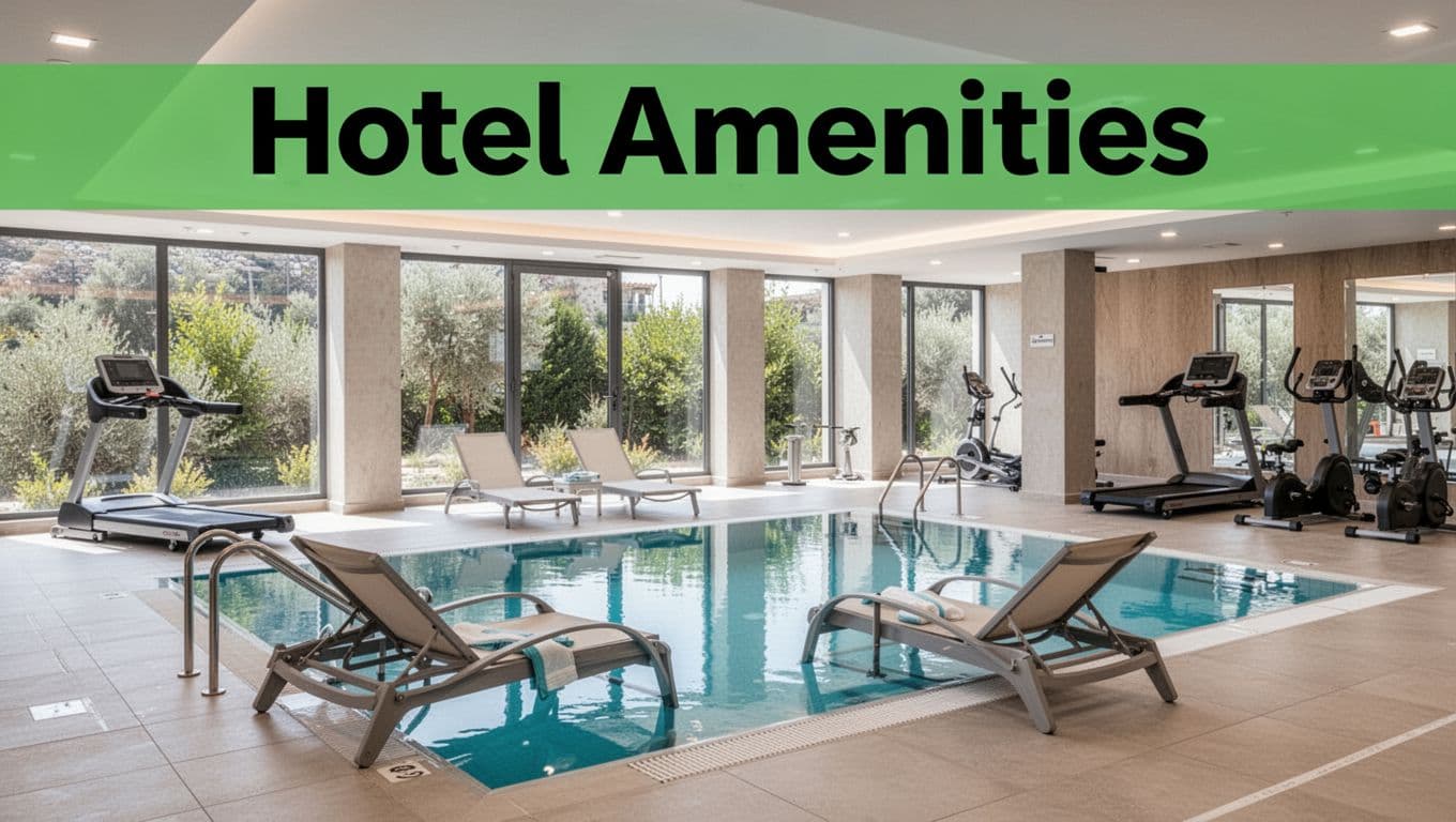 Bright indoor hotel pool and fitness area in modern Athens AL property with two lounge chairs by the pool, one treadmill in gym corner, large windows to green outdoors, clean tiled floors, inviting atmosphere in realistic photo style.