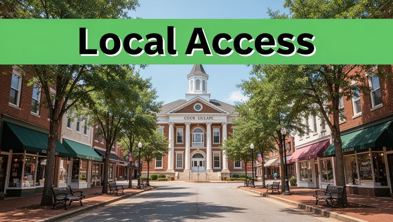 Scenic downtown Athens, Alabama street view centered on the historic courthouse, with tree-lined sidewalks, benches, quaint shops, and vibrant sunny sky capturing small town charm in realistic photo style.