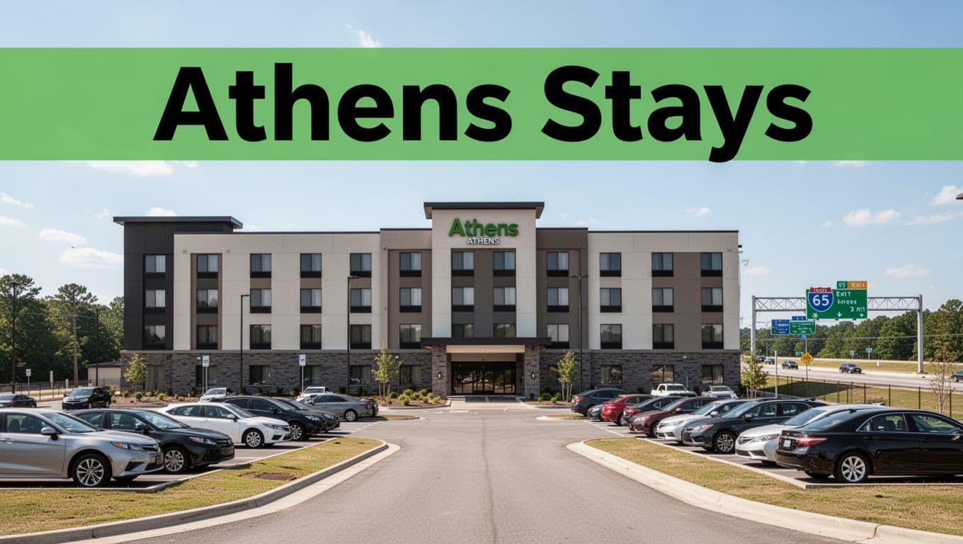 Modern hotel exterior in Athens, Alabama, featuring clean facade with 'Athens Stays' sign, parked cars in foreground, I-65 exit visible in background, welcoming approach road under clear daytime sky.