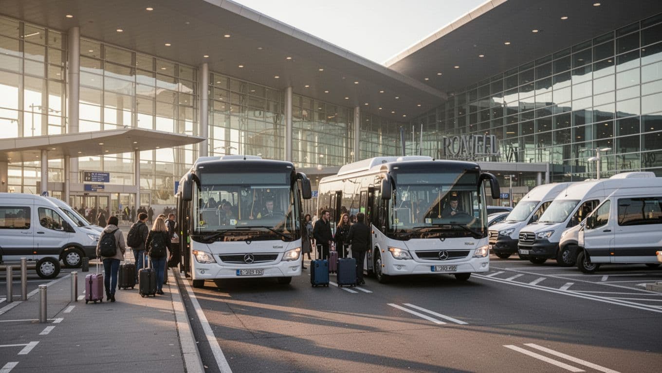 Early morning at Hartsfield-Jackson Atlanta International Airport entrance featuring a shuttle bus picking up passengers with luggage, modern hotel vans nearby, and busy terminal background in wide landscape realistic photo style. Branded with bold 'Quick Picks' headline on green band at top.