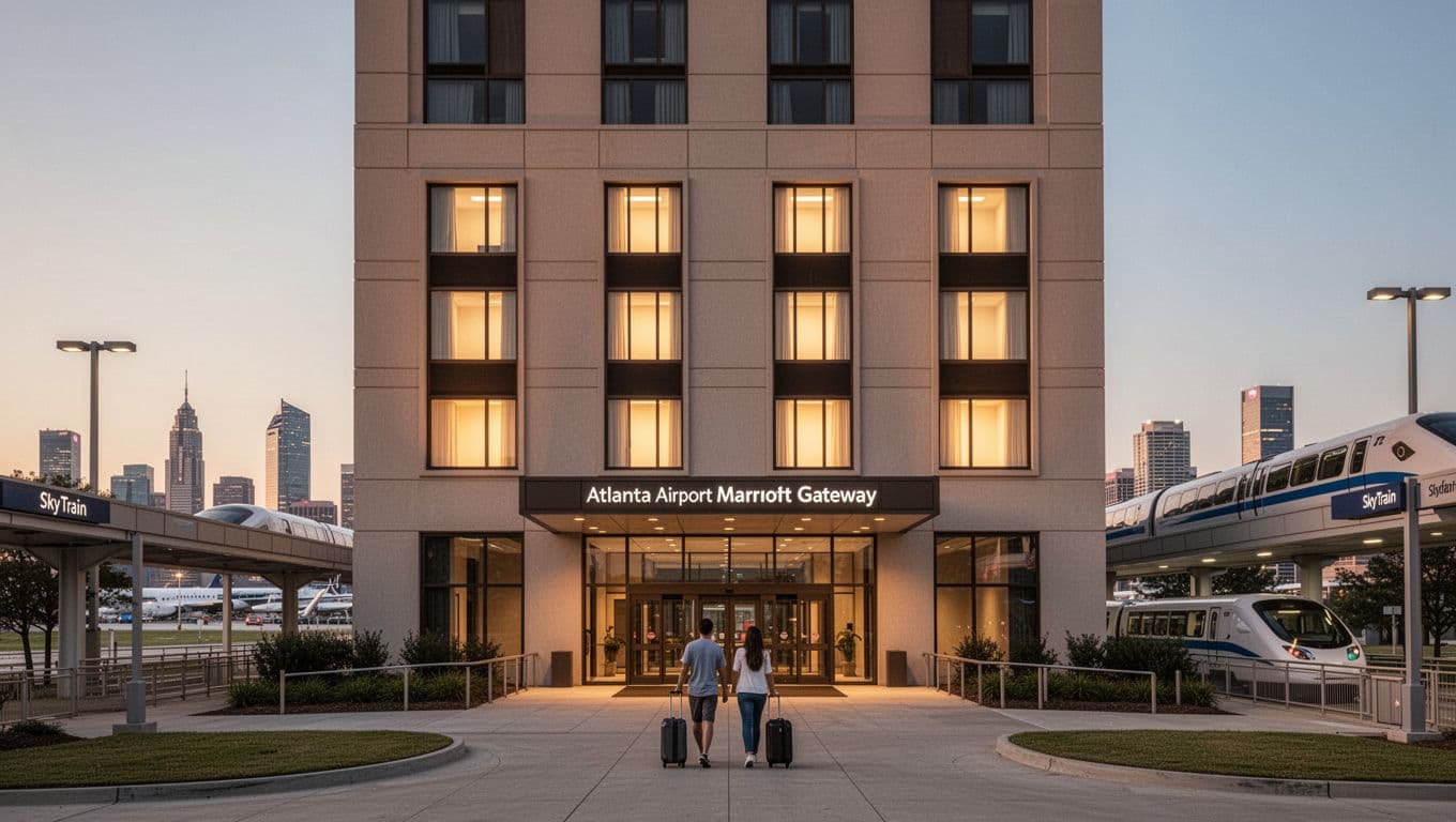 Modern exterior of Atlanta Airport Marriott Gateway hotel at dusk with visible SkyTrain station, travelers with suitcases approaching the entrance, and warm golden hour lighting on the facade.