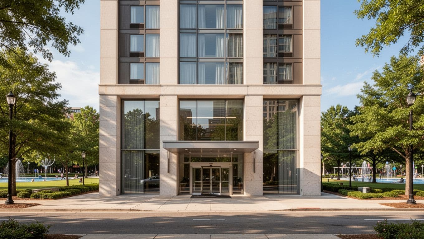 Street-level exterior of modern mid-range hotel in downtown Atlanta near Centennial Olympic Park, sunny afternoon with park greenery visible and central clean entrance architecture. Bold 'Mid-Range Hotels' headline in green band at top, high contrast editorial style.