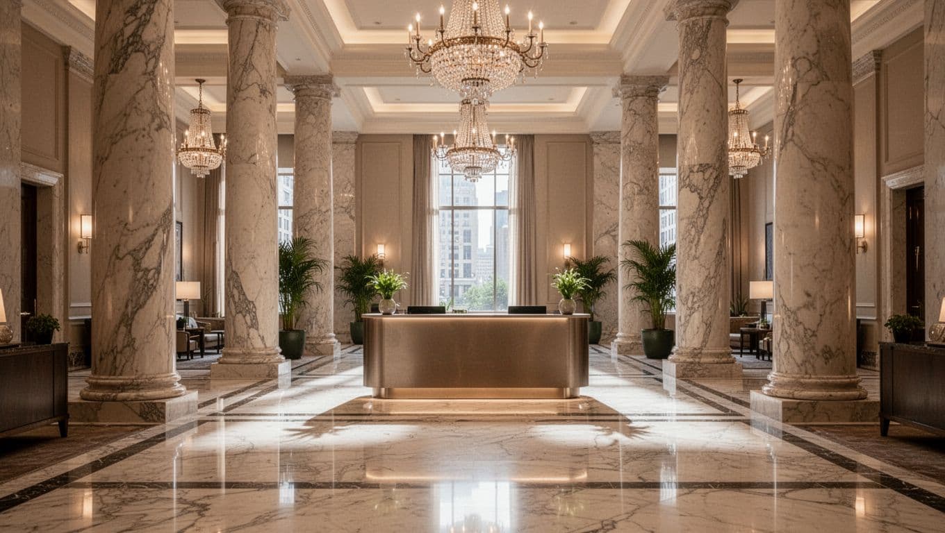 Sophisticated luxury hotel lobby interior in Atlanta Midtown with polished marble floors, columns, soft ambient lighting, chandeliers, and a focal reception desk, no guests visible. Features a bold 'Luxury Picks' headline in a green band at the top.
