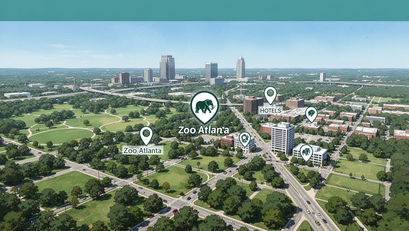 Illustrative aerial overview map of Atlanta area marking Zoo Atlanta and pinning nearby hotels, with green spaces, roads, and clear daylight sky. Top 20% green band features bold 'Nearby Stays' headline, no people, labels, or extra text.