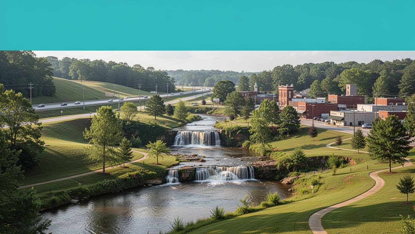 Bold green header band with 'Etowah County Views' headline over a scenic realistic landscape of Attalla, Alabama's river falls park, green hills, highway, and small town skyline on a sunny afternoon.