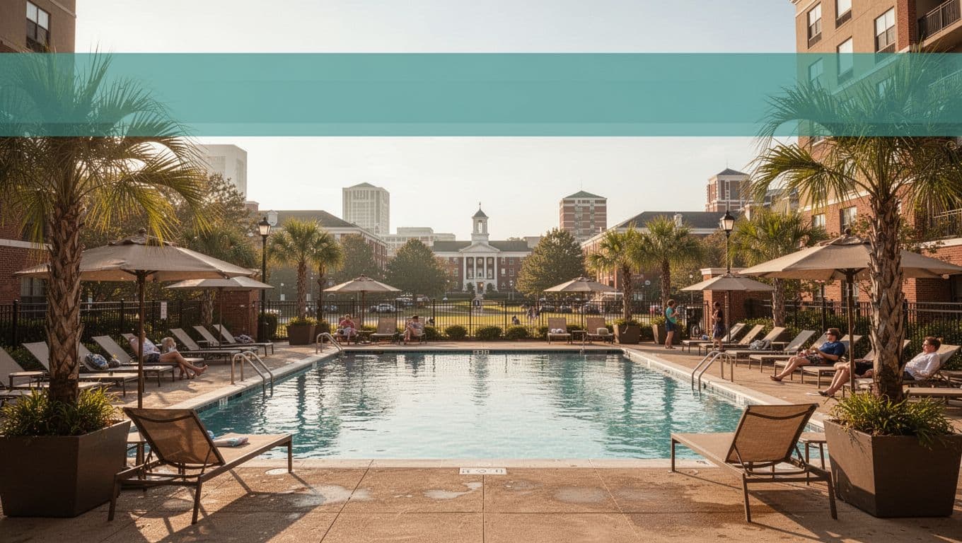 Sunny outdoor hotel pool deck in Auburn, AL, with lounge chairs, umbrellas, palm plants, relaxed guests in background, and distant university buildings; centered pool focal point in wide landscape.