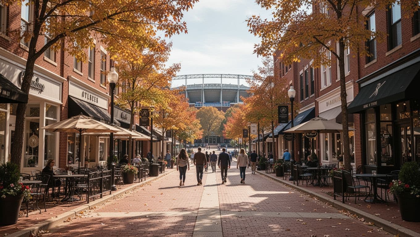 Photorealistic street-level view of Auburn, Alabama downtown near Jordan-Hare Stadium with brick buildings, boutique shops, outdoor dining patios, autumn leaves, and pedestrians walking toward the stadium on a sunny midday, featuring a central walkable sidewalk path in a warm inviting atmosphere.