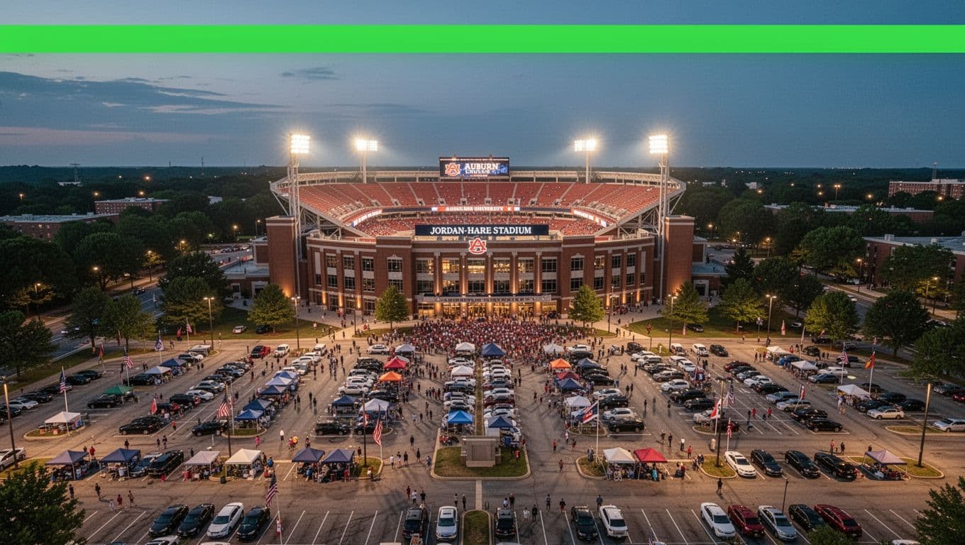 Aerial wide landscape view of Jordan-Hare Stadium at Auburn University on game day evening, with packed parking lots, tailgating tents cars and flags, stadium lights on, and bold 'Peak Events' headline band at top.