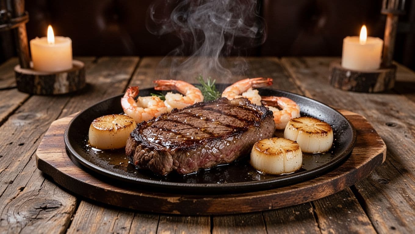 Sizzling steak with seafood sides on a dark plate on a rustic table in a warm Auburn Alabama steakhouse, dim ambient lighting with candle glow, central composition. Bold green header band at top with 'Steak Night' in high-contrast typography.