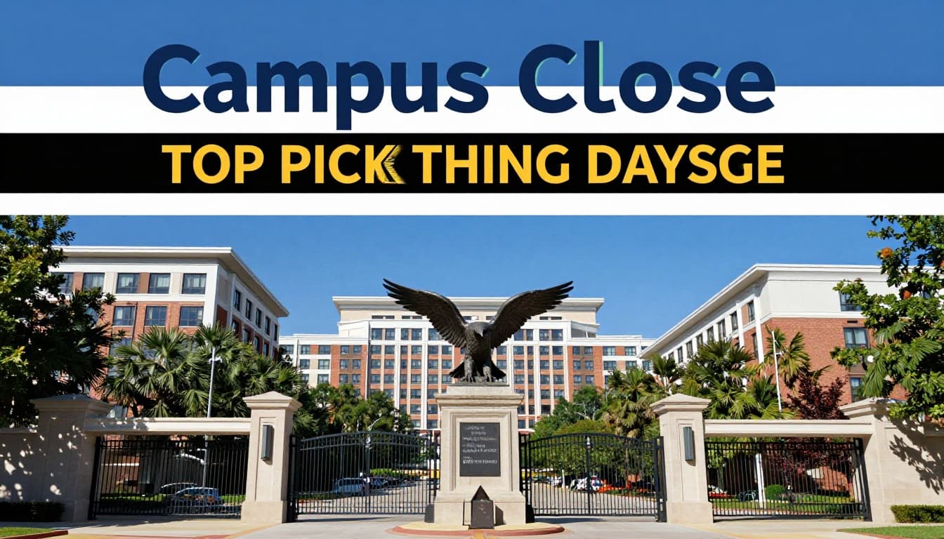 Realistic photo of Auburn University campus entrance with War Eagle statue in foreground and modern hotel nearby, sunny wide landscape view with vibrant colors.