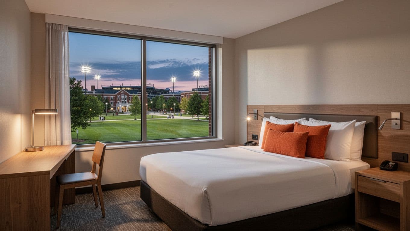 Modern minimalist hotel room interior near Auburn University with queen bed featuring orange accent pillows, wooden desk and chair, large window showing green campus quad and distant Jordan-Hare Stadium lights at dusk, topped with branded green 'Hotel Comfort' band.