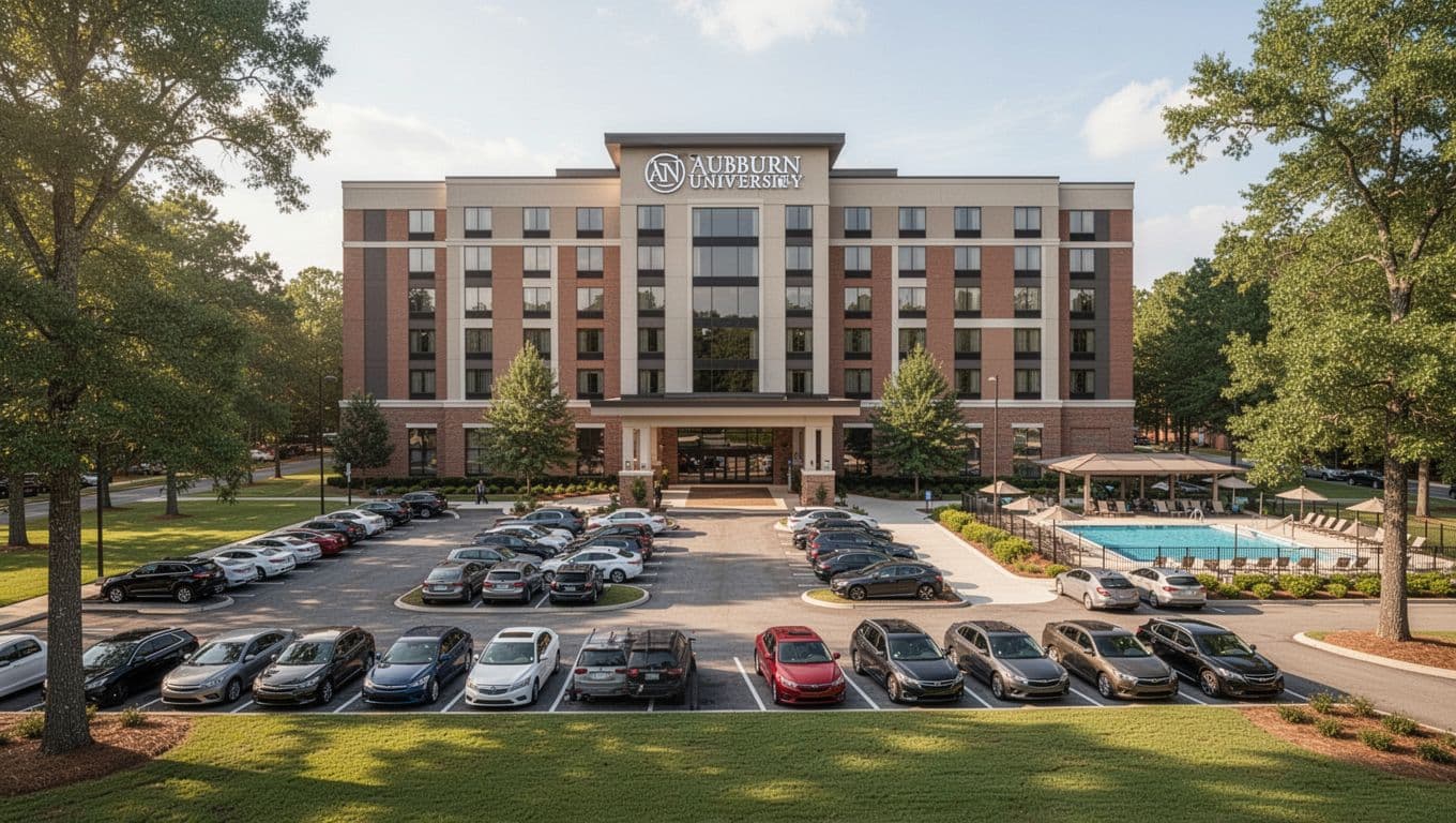 Exterior view of a modern hotel near Auburn University campus in Alabama, showing front entrance, full parking lot, side pool area, green lawns, and trees in sunny afternoon light.