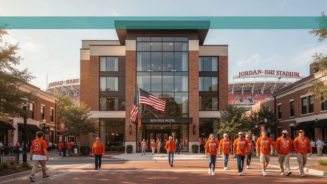 Exterior of a modern boutique hotel in Auburn, Alabama university area on a sunny game day, featuring fans in orange walking towards the Jordan-Hare Stadium visible in the distance, with the centered hotel facade, American flag, and entrance as the focal point.