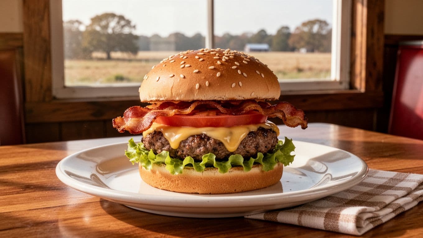 Juicy bacon cheeseburger on white ceramic plate over wooden diner table with checkered napkin; green Burger Haven header band atop rural countryside view.