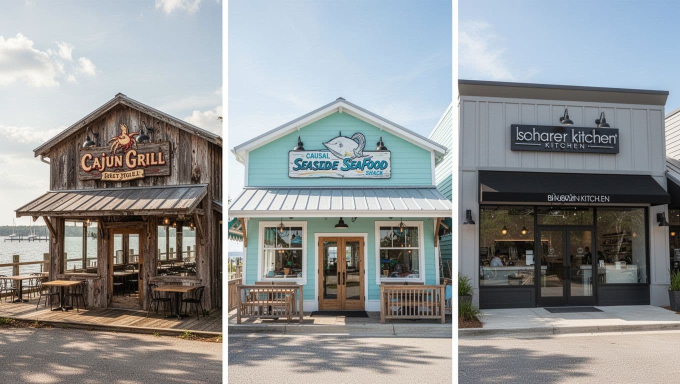 Editorial image featuring a bold 'ALTERNATIVES' headline over three realistic restaurant exteriors in Baldwin County, Alabama: Cajun grill with bay view, casual seafood shack, and modern kitchen facade in daylight coastal style.