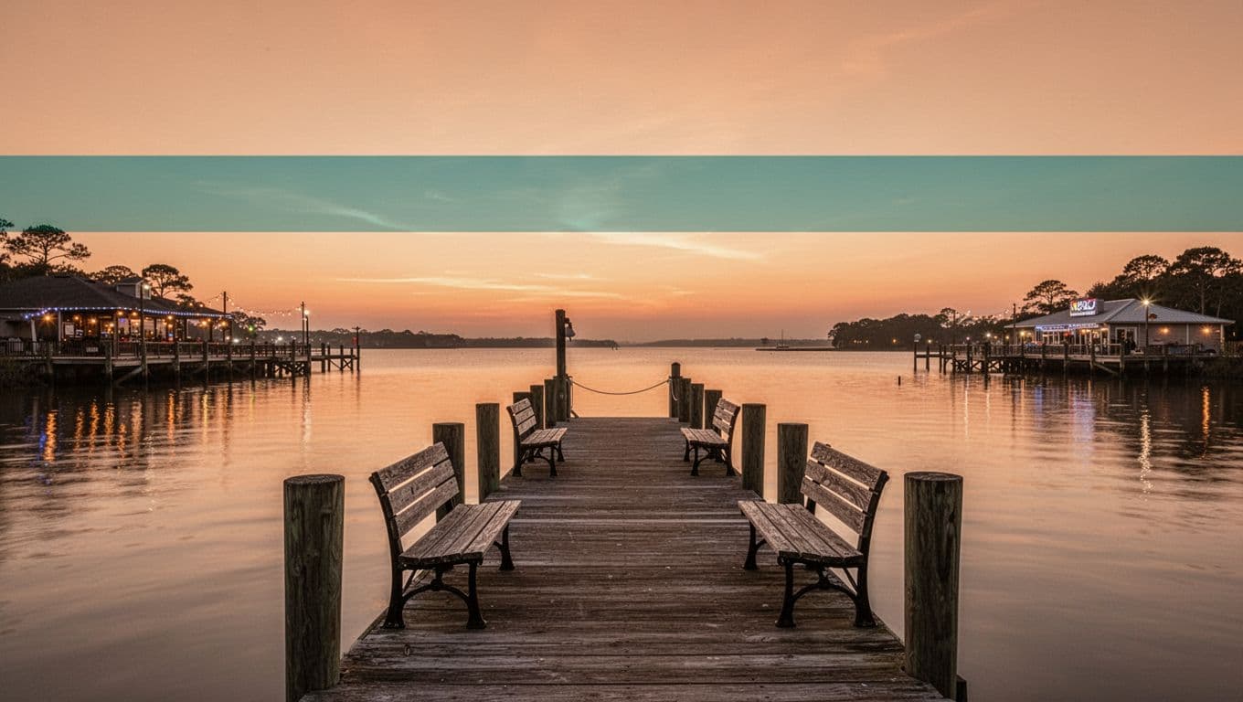 Sunset over Mobile Bay waterfront with empty wooden dock, benches, calm reflective water, distant restaurant lights, and 'Baldwin County Dining' headline on green band.