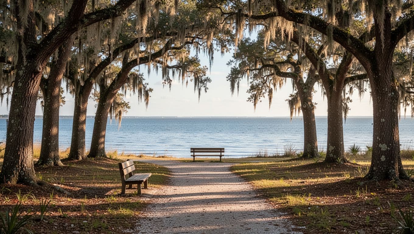 Serene park trail along Mobile Bay shoreline in Baldwin County, Alabama, featuring moss-draped oak trees, calm blue water, gravel path, and wooden bench.