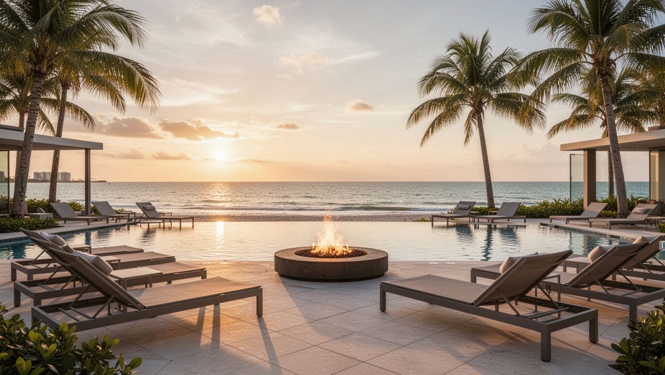Modern resort pool deck at sunset near the beach, featuring empty lounge chairs, swaying palm trees, gulf waters in the background, and a ready fire pit under warm golden hour lighting.