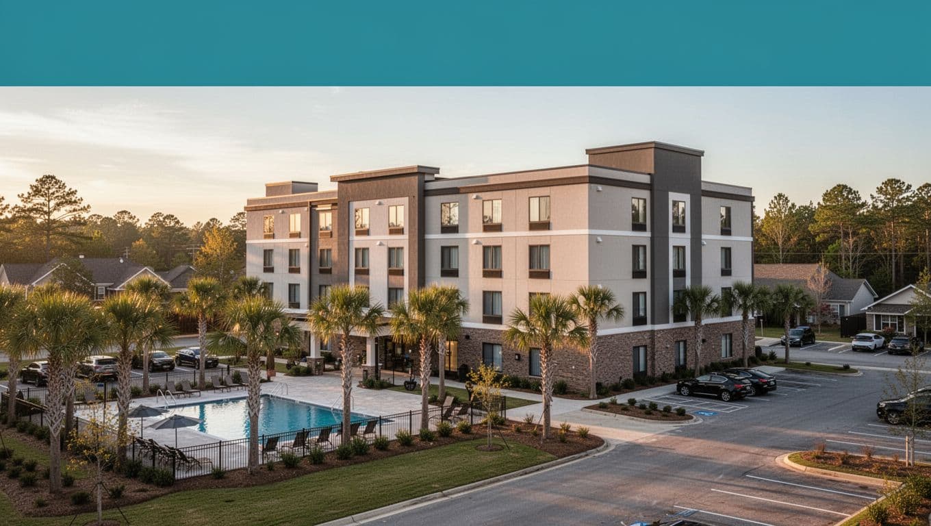 Exterior of a modern three-story suburban Alabama hotel with visible pool area, palm accents, parking lot, and evening golden hour lighting under a branded green header band featuring 'Baldwin County Stays' headline.