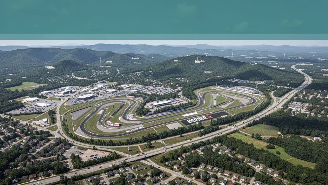 Aerial satellite-style view of Barber Motorsports Park and surrounding Leeds and Irondale towns in eastern Birmingham, Alabama, with track layout, roads, highways, and green hills under bright daylight, featuring a top green banner with 'Prime Locations' headline.