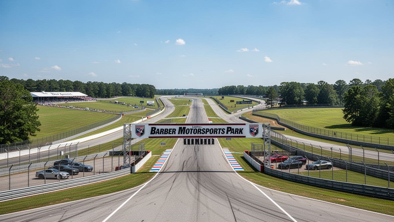 Scenic view of Barber Motorsports Park entrance in Leeds, Alabama, featuring the race track in the distance, green fields, clear sky, and a few parked cars, with a 'Key Attractions' headline band.