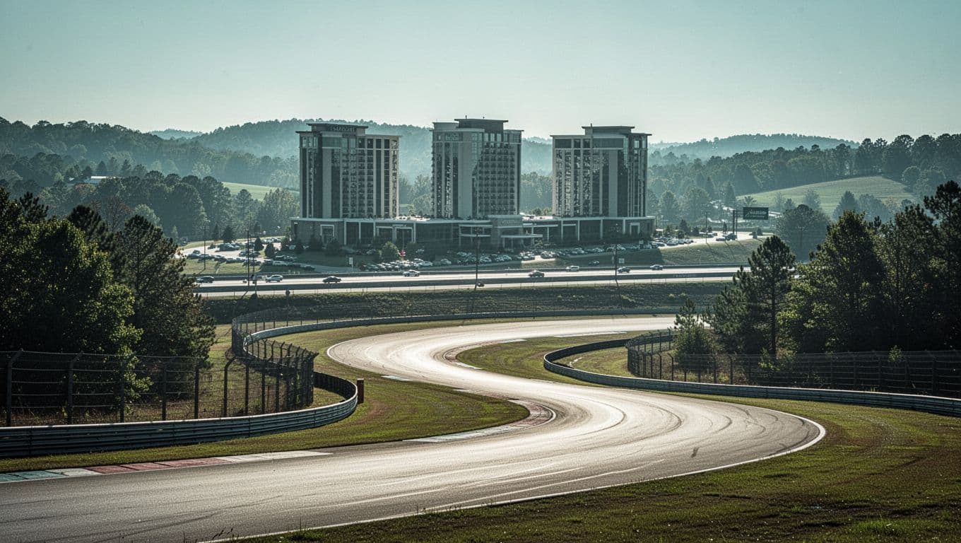 Winding racetrack curve at Barber Motorsports Park amid green Alabama hills, with three modern mid-rise hotels visible in the distance along the highway under bright midday sun. Bold 'Trackside Hotels' headline in green band emphasizes close proximity for convenient stays.