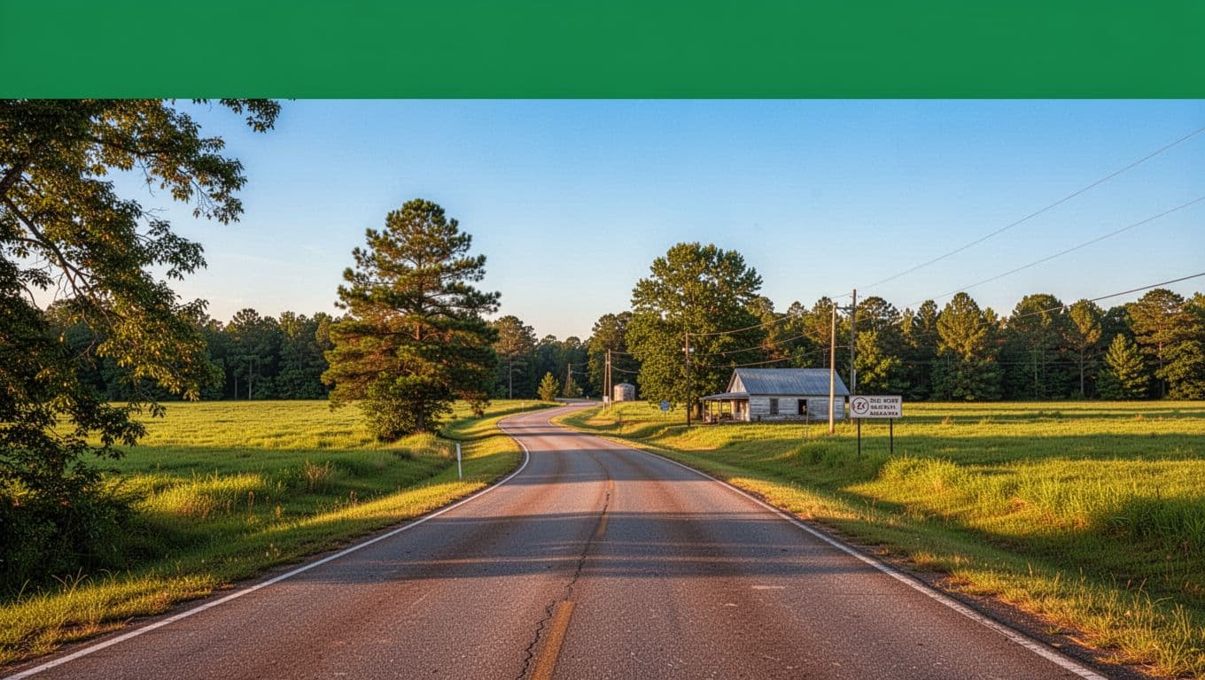 Green top band with Barbour County text over empty rural road to distant diner sign, green fields, blue sky at golden hour.