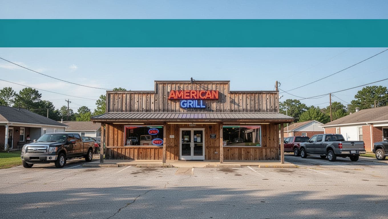 Wooden restaurant building with neon sign and pickup trucks in parking lot under blue sky, green Bay City Grill headline band at top.