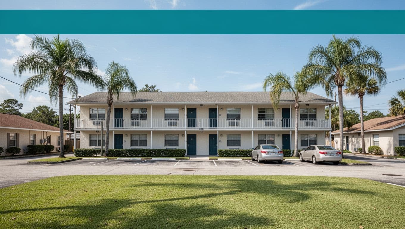 Exterior of a clean two-story motel in a small southern town, with green lawn, parking lot featuring two cars, nearby palm trees, and clear blue sky under natural daylight.