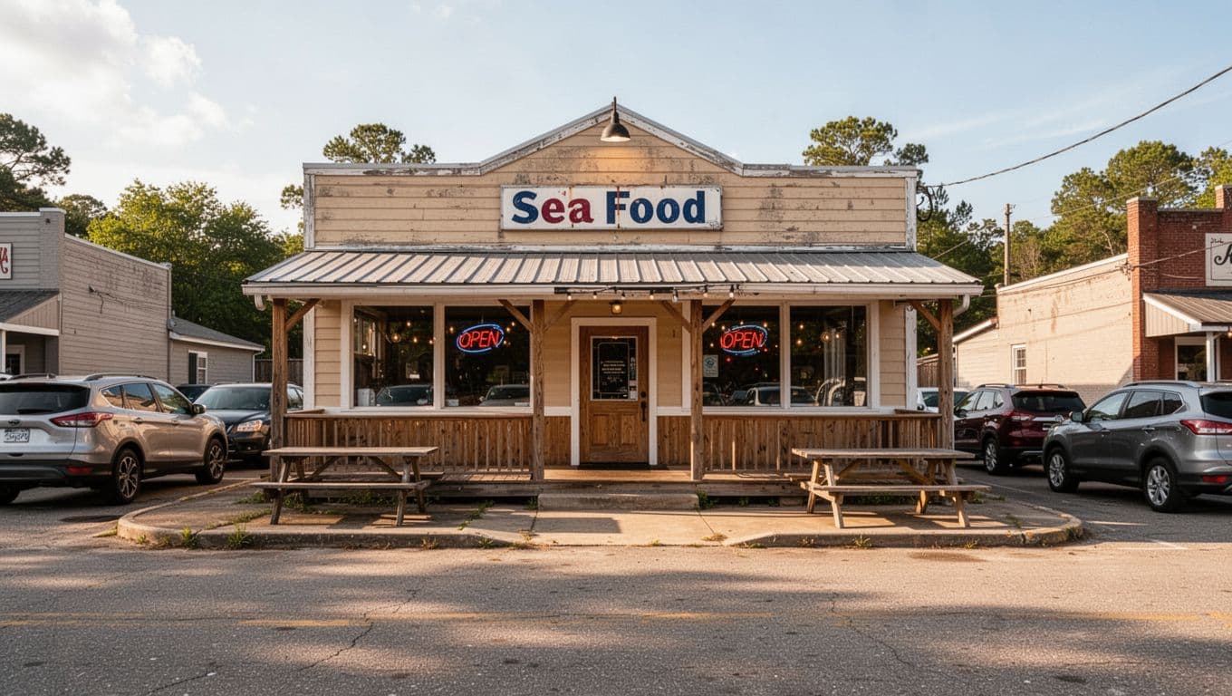 Exterior of casual seafood restaurant in Bay Minette on sunny afternoon with parked cars, picnic tables, and TOP PICK banner.